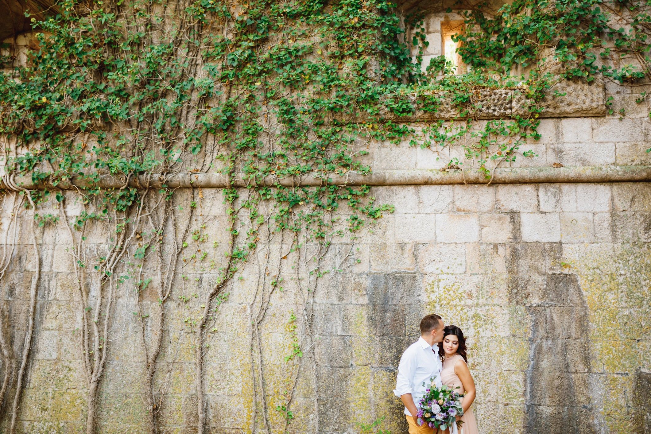 Romantic wedding portrait of bride and groom